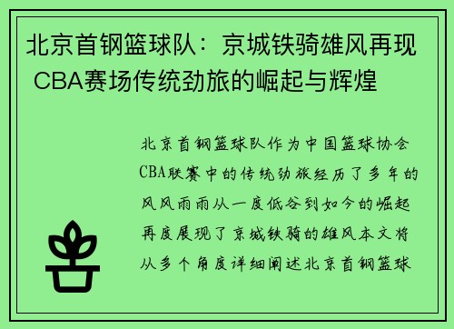 北京首钢篮球队：京城铁骑雄风再现 CBA赛场传统劲旅的崛起与辉煌
